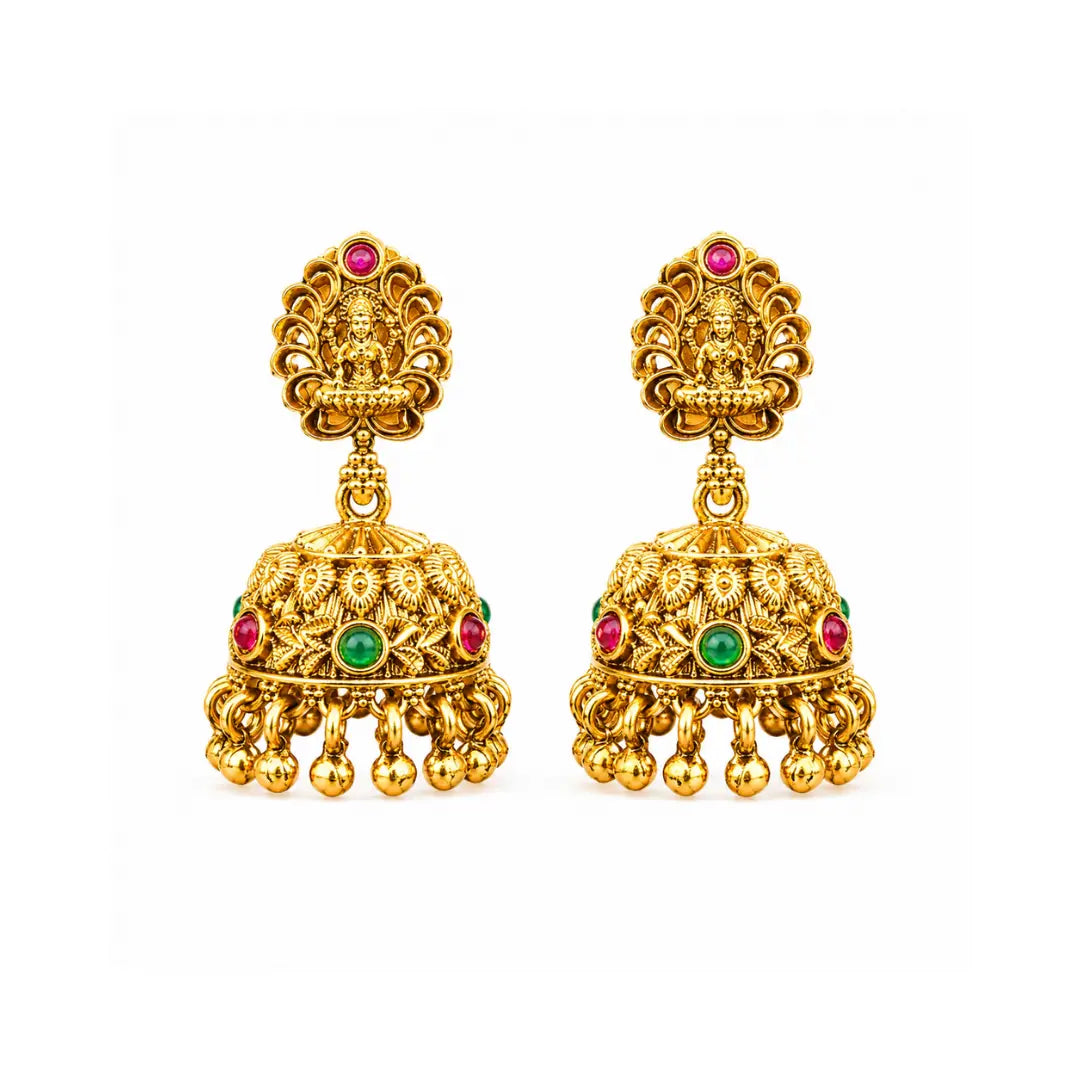 Antique Temple Jhumka Earrings with Pink Stone Accents R-1243
