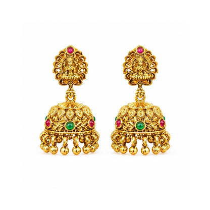 Antique Temple Jhumka Earrings with Pink Stone Accents R-1243