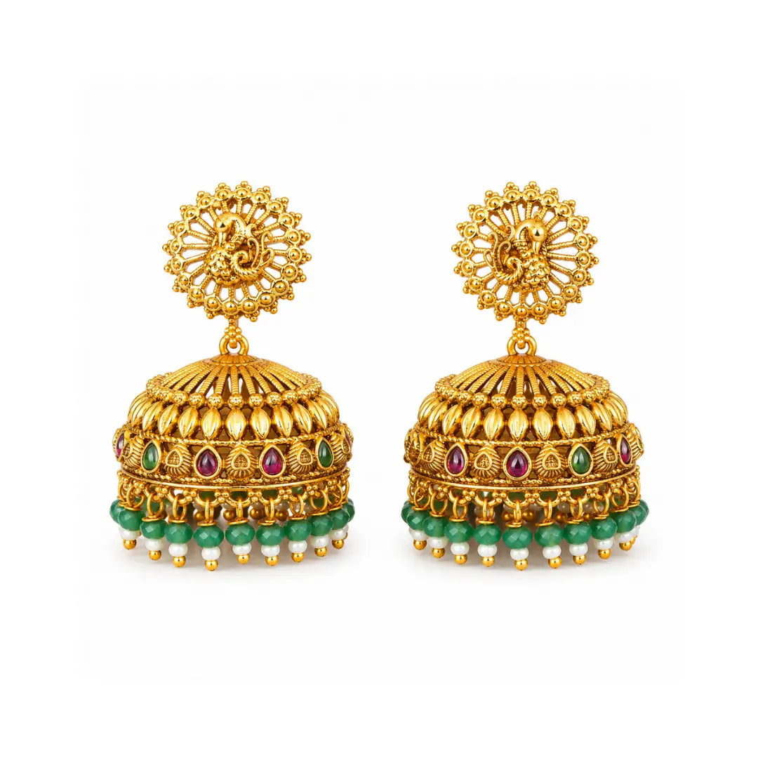 Temple Jhumka Earrings with Pink Stones & Green Beads R-2233