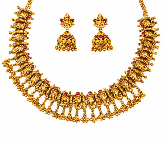 Makara Kemp Temple Jewellery Short Necklace Set with Red Stones