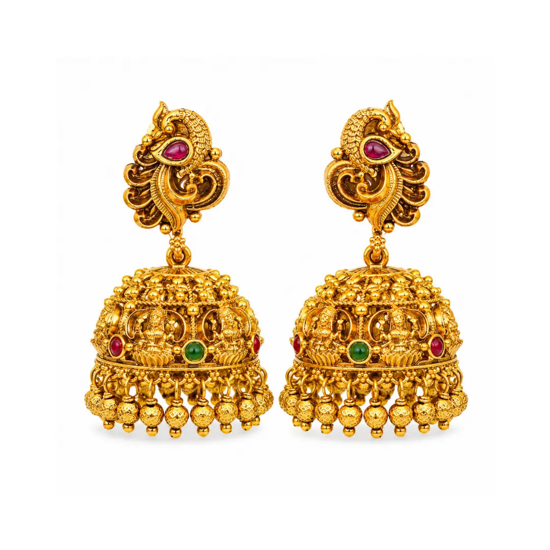 South Indian Peacock Temple Jhumkas – Antique Gold Bridal Style V-675