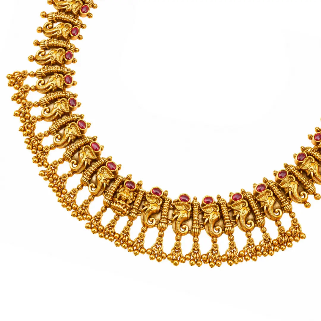 Makara Kemp Temple Jewellery Short Necklace Set with Red Stones K-1869