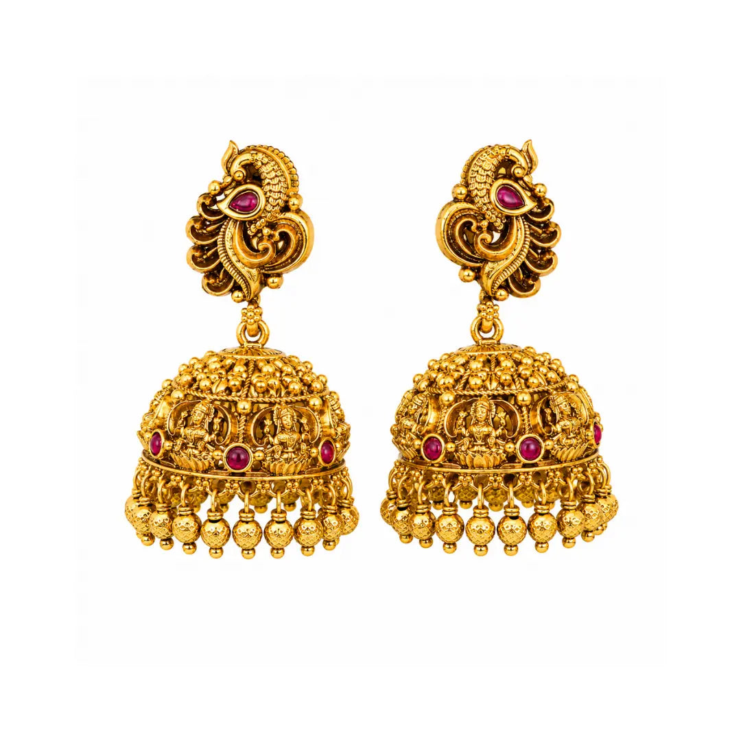 South Indian Peacock Temple Jhumkas – Antique Gold Bridal Style V-675