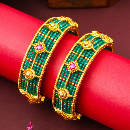 Swarna Pushpa Kaappu Paired Bangle | Gold-Plated Golden Flower Temple Bangle J-1118