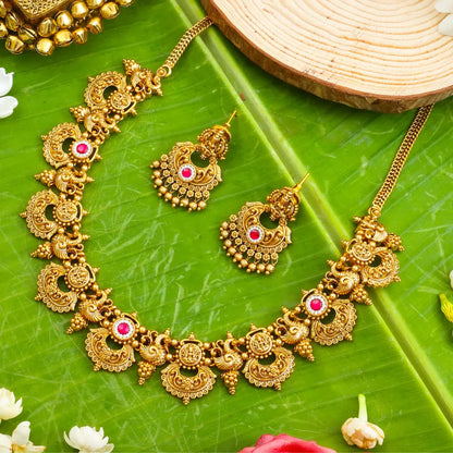Antique Gold Temple Necklace Set | South Indian Bridal J-936
