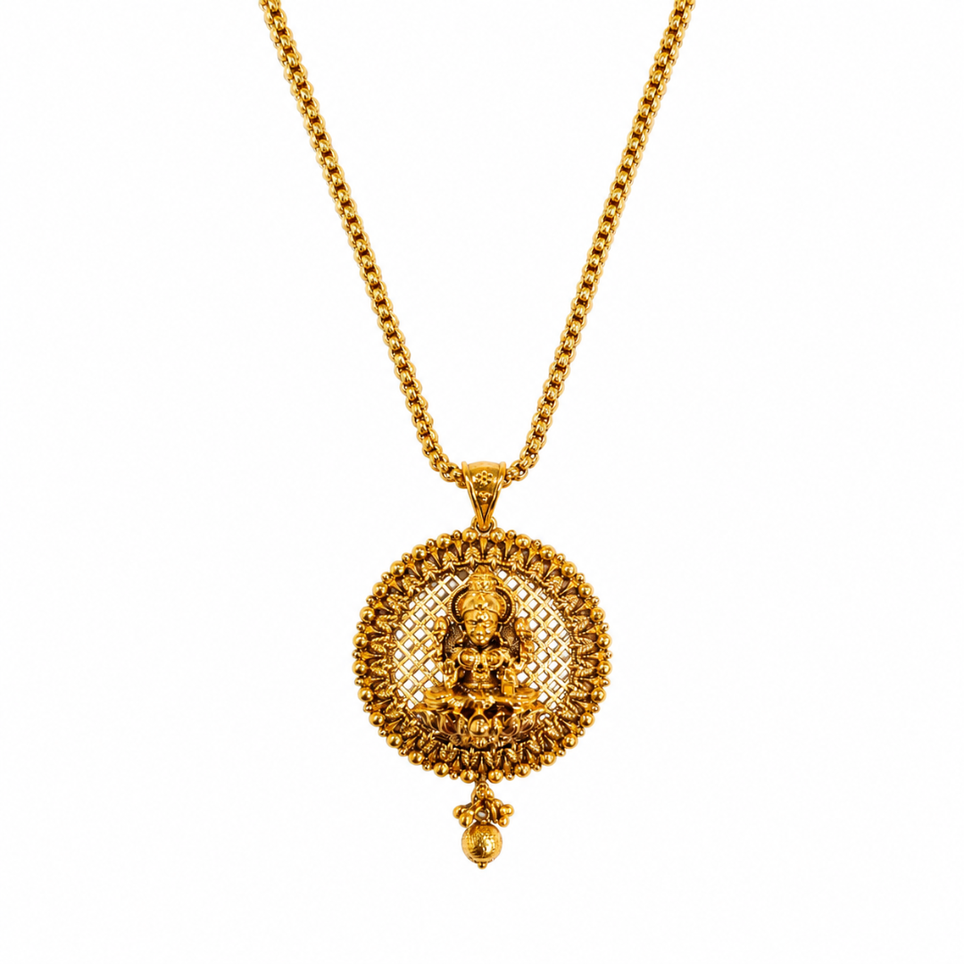 1 Gram Gold Pendant Set | Lakshmi Chain with Matching Earrings