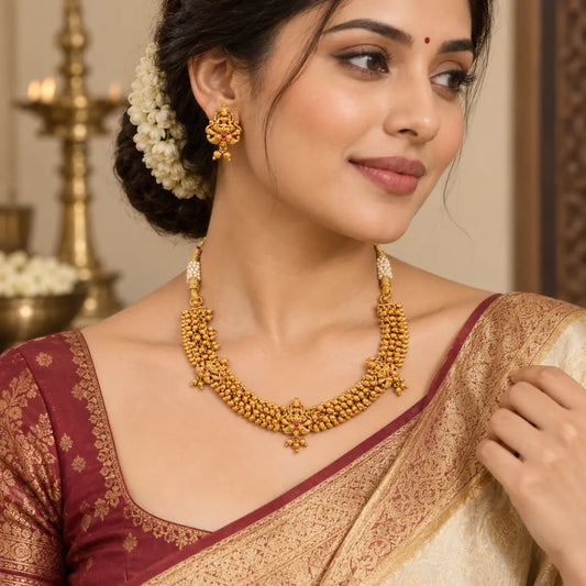 Traditional Temple Jewellery Short Necklace Set with Jhumka Earrings K-1768