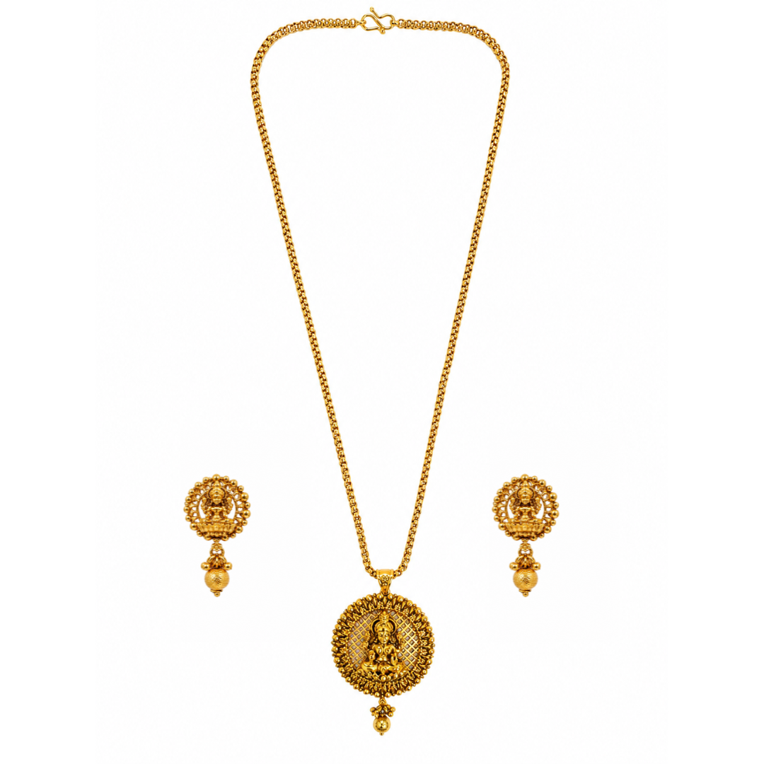 1 Gram Gold Pendant Set | Lakshmi Chain with Matching Earrings