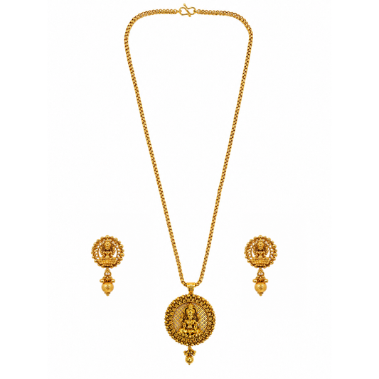 1 Gram Gold Pendant Set | Lakshmi Chain with Matching Earrings