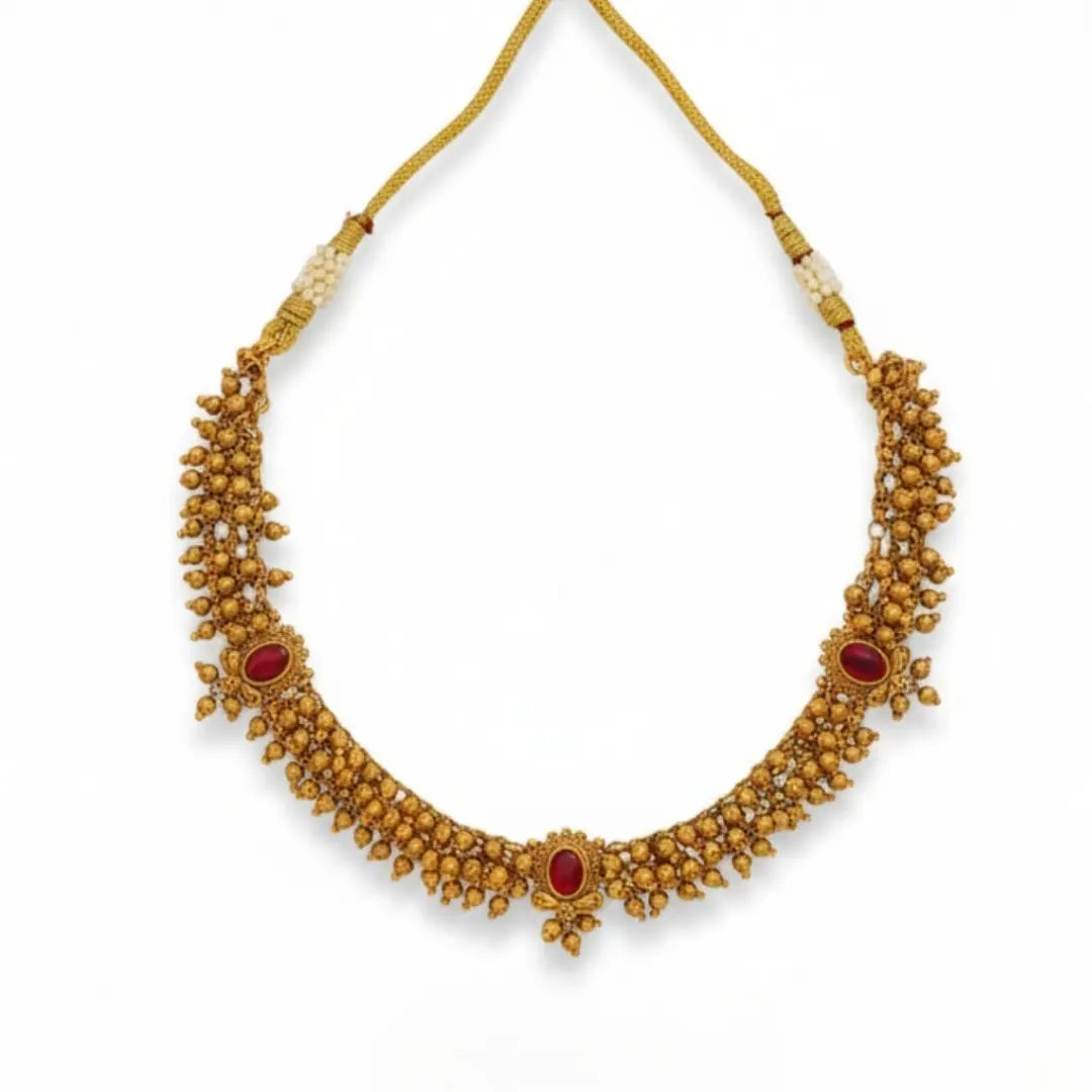 Bridal Temple Short Necklace Set – Antique Gold-Plated Ruby Design