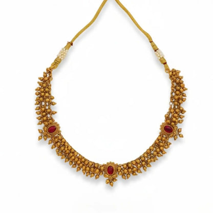 Bridal Temple Short Necklace Set – Antique Gold-Plated Ruby Design