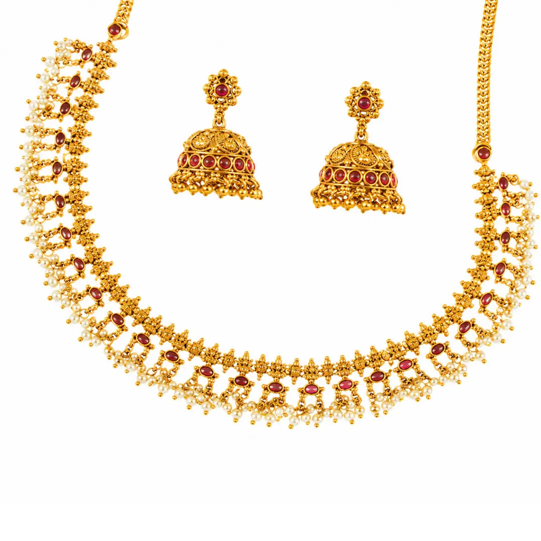Kamakshi Ratna Kanti Short Necklace Set | Gold-Plated Temple Jewellery