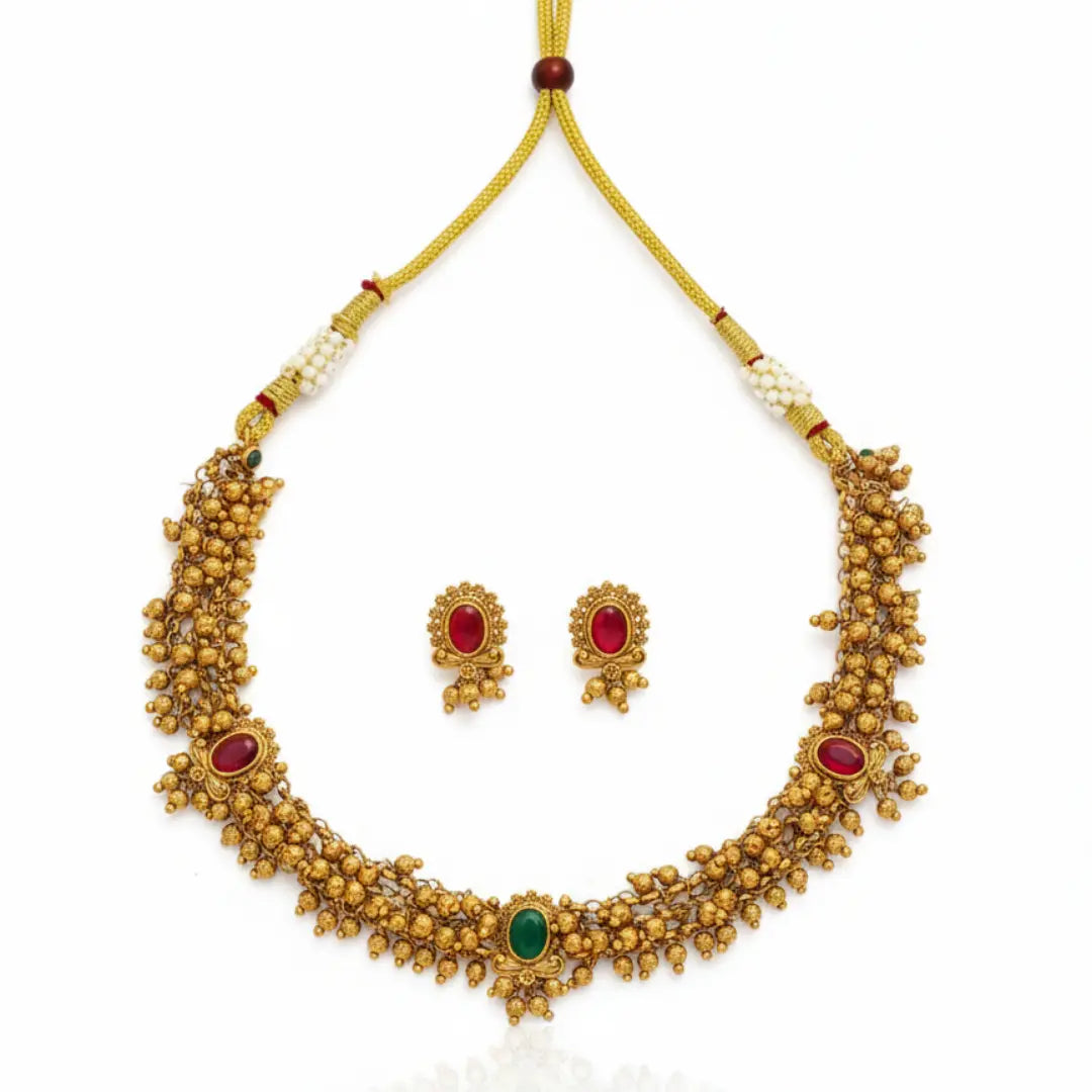 Bridal Temple Short Necklace Set – Antique Gold-Plated Ruby Design