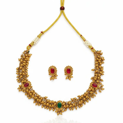 Bridal Temple Short Necklace Set – Antique Gold-Plated Ruby Design