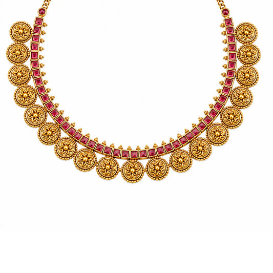 Pushpa Dwi Temple Jewellery Short Necklace Set with Dual Floral Design K-1858