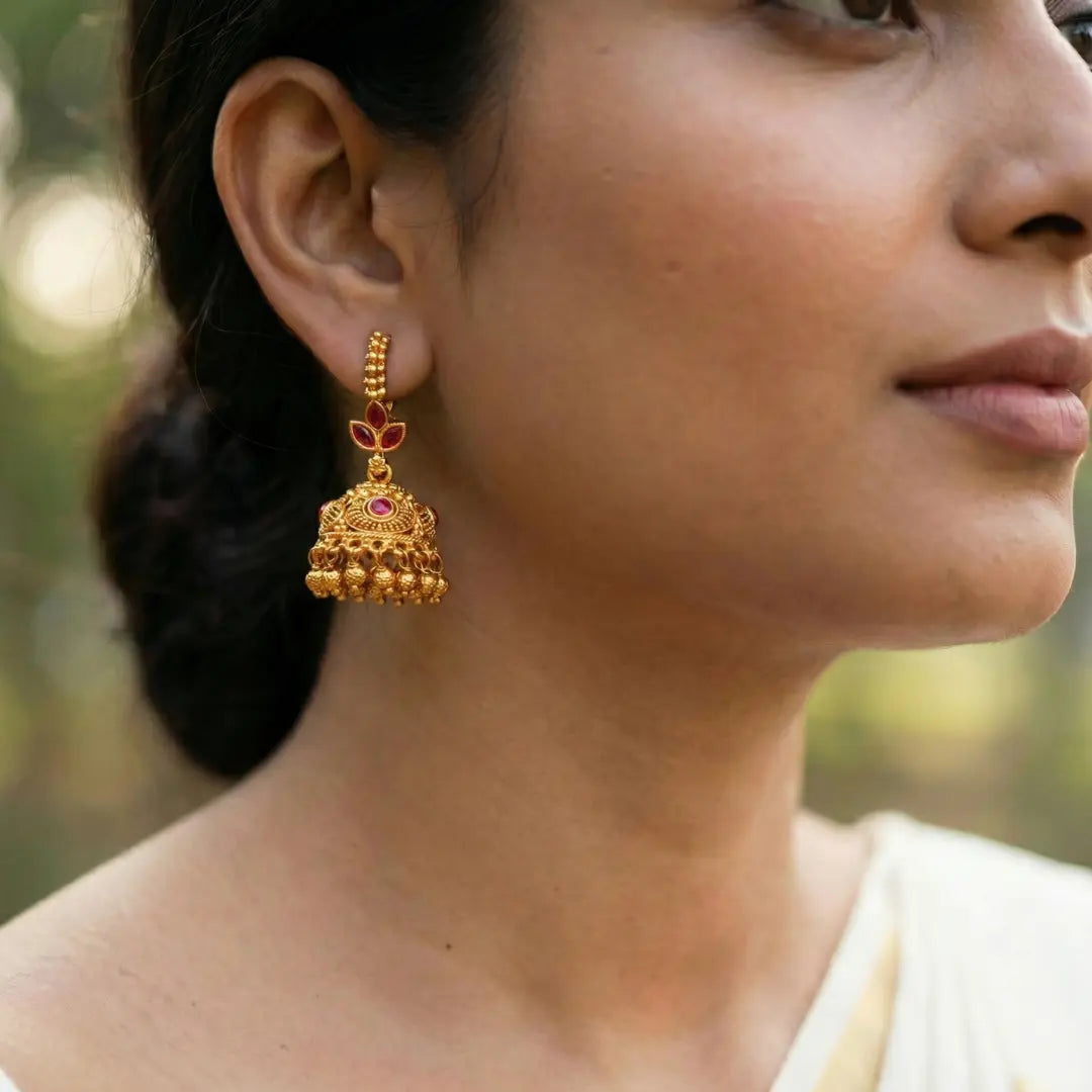 Pushpa Jhumki Jhumka | Gold-Plated Floral Temple Stud Earrings T-87