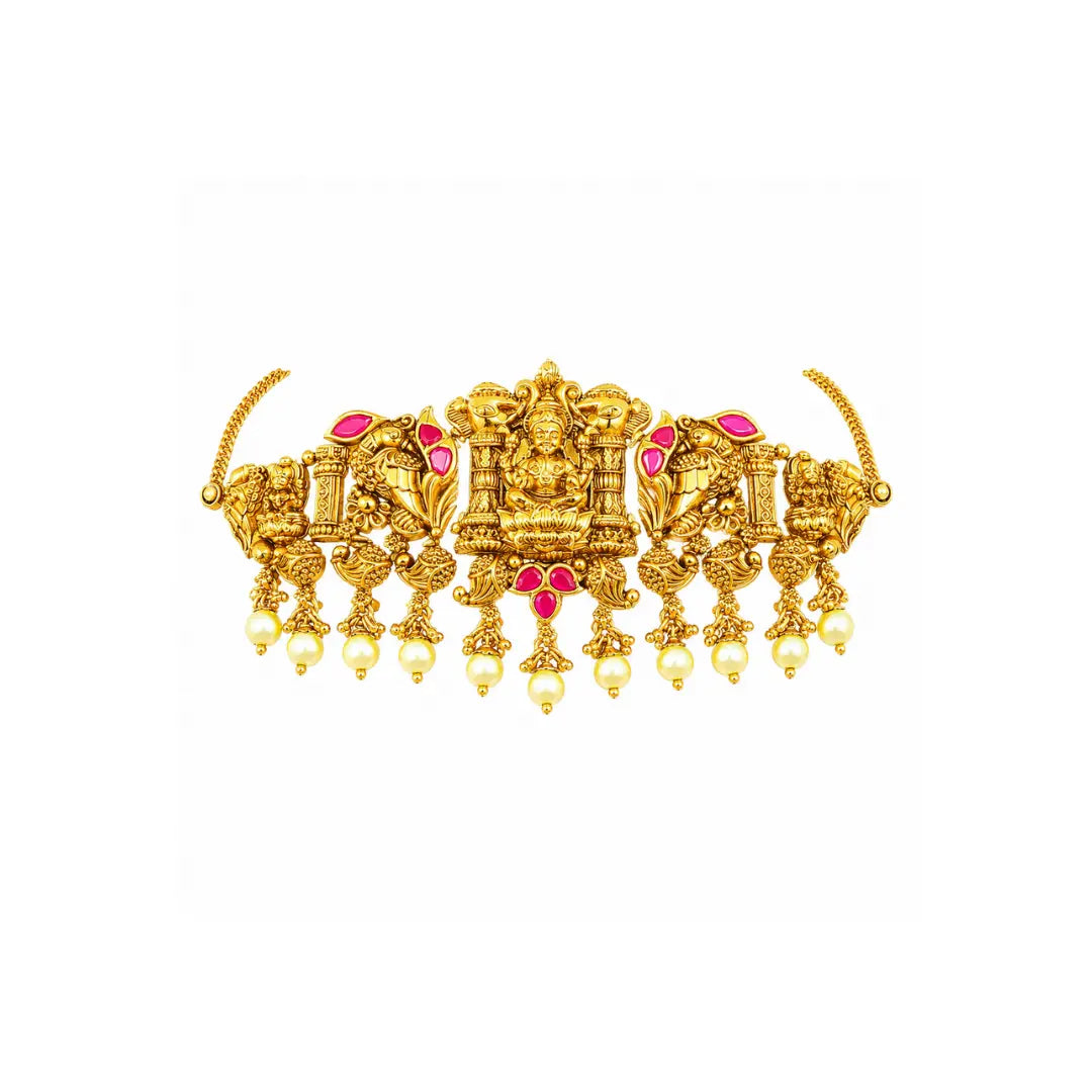 Lakshmi Temple Jewellery Bridal Choker Set with Pearl Drops