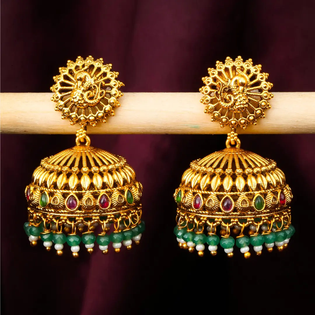 Temple Jhumka Earrings with Pink Stones & Green Beads R-2233