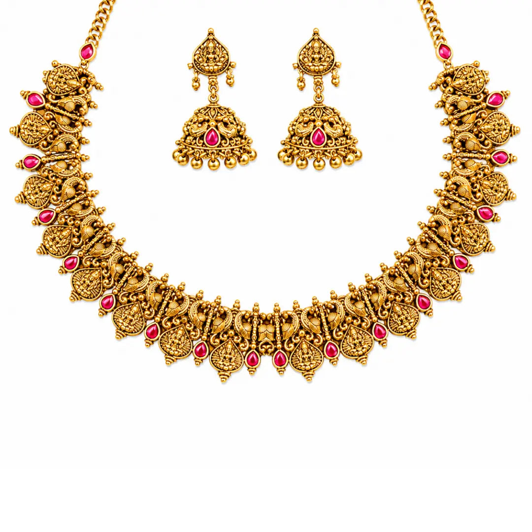 Pushpa Kali Temple Jewellery Short Necklace Set with Floral Design