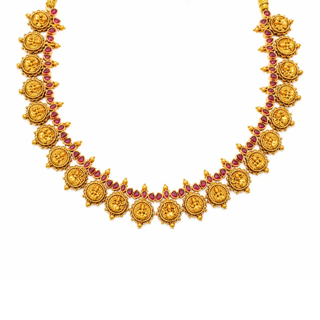 Subhadra Kasu Temple Jewellery Short Necklace Set with Coin Motifs
