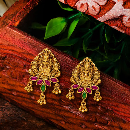 Gold Plated Temple Bali with Laxmi Design & Multicolor Stones V-1657