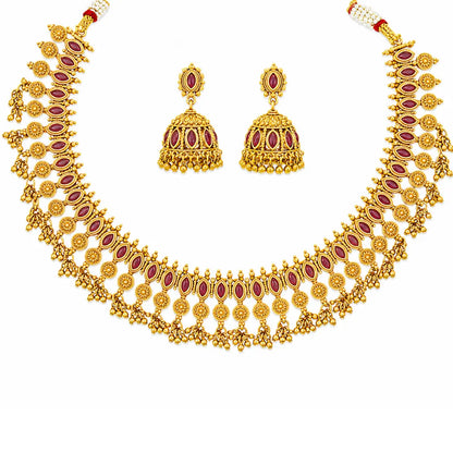 Patra Ghungroo Temple Jewellery Short Necklace Set with Bead Drops