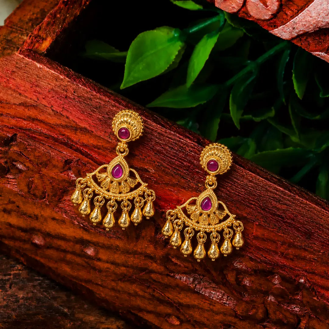 Antique Gold Plated Temple Bali with Pink Stones R-2162