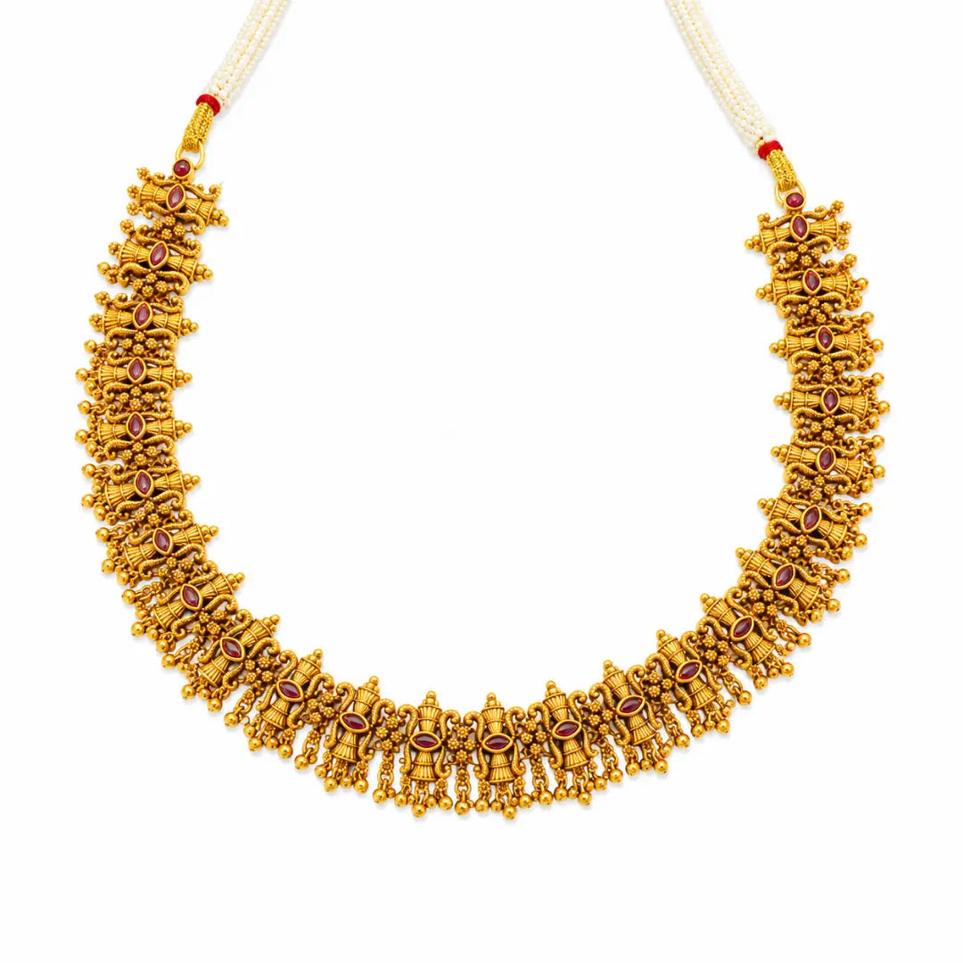 Tripura Kalasha Temple Jewellery Short Necklace Set with Stone Work