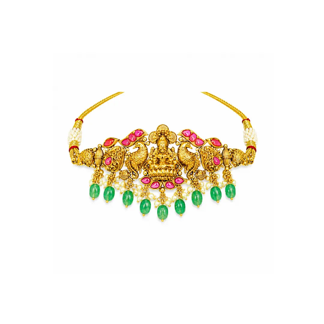 Lakshmi Temple Jewellery Bridal Choker Set with Green Beads