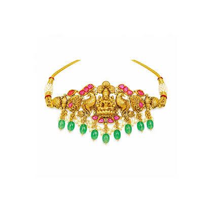 Lakshmi Temple Jewellery Bridal Choker Set with Green Beads