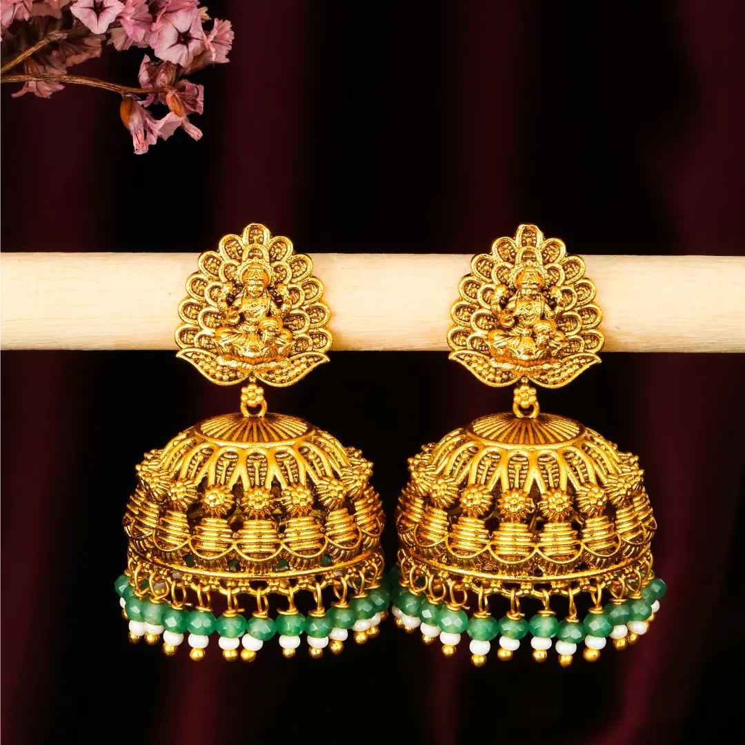 Antique Temple Jhumkas with Green Beads R-2022