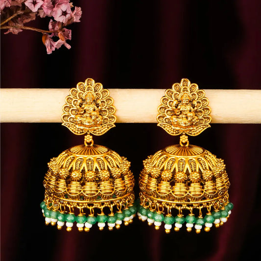 Antique Temple Jhumkas with Green Beads R-2022