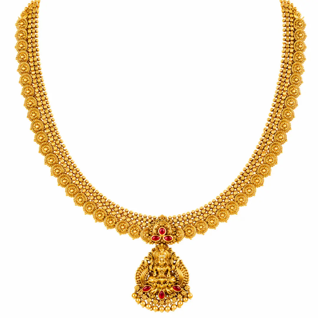 Antique Pachi Swarna Haar Long Necklace Set | Gold-Plated Temple Jewellery