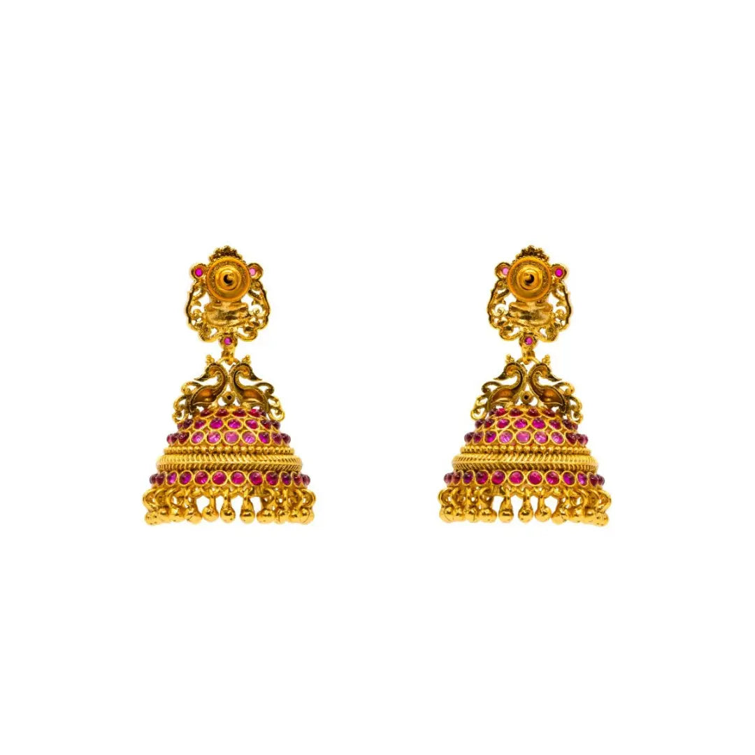 Heritage Ruby Temple Jhumkas – Gold-Plated Lakshmi Drops P-276