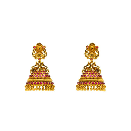 Heritage Ruby Temple Jhumkas – Gold-Plated Lakshmi Drops P-276