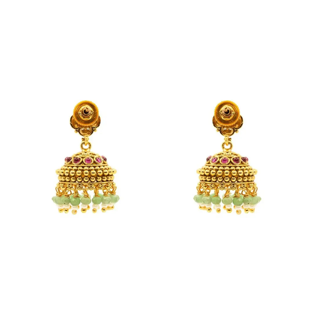 Temple Gold-Plated Flower Jhumka with Pink Stones & Green Beads R-2148