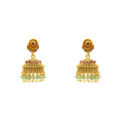 Temple Gold-Plated Flower Jhumka with Pink Stones & Green Beads R-2148