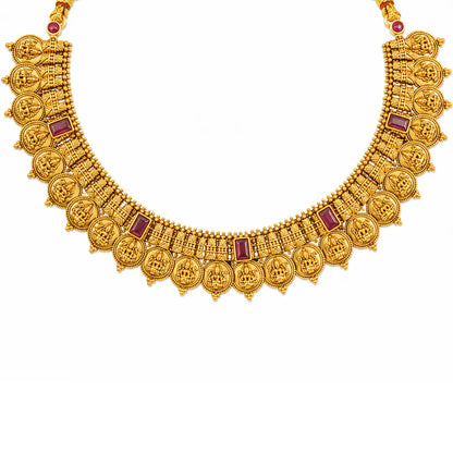 Haritha Lakshmi Temple Jewellery Short Necklace Set with Green Stones