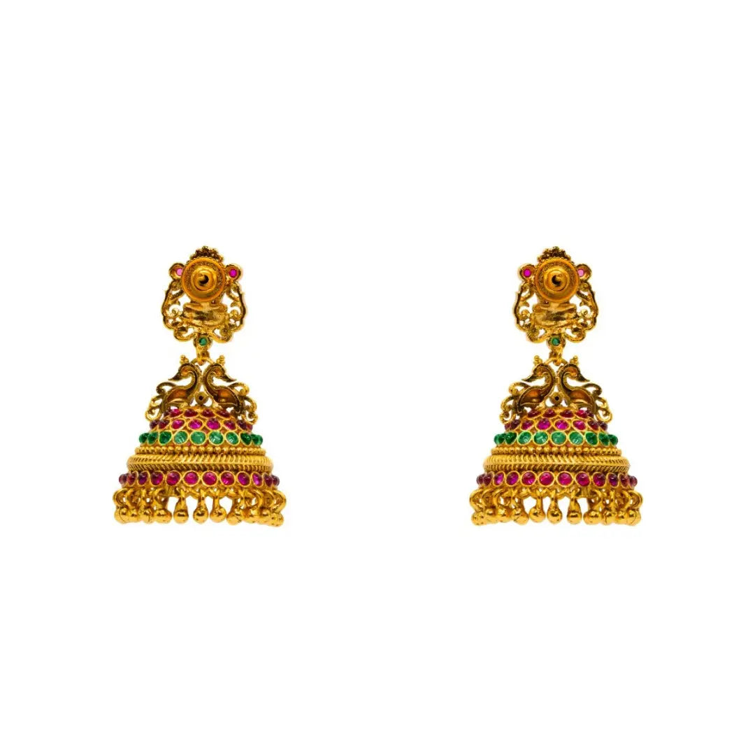 Heritage Ruby Temple Jhumkas – Gold-Plated Lakshmi Drops P-276