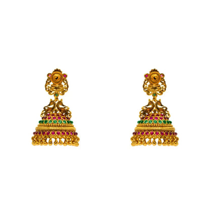 Heritage Ruby Temple Jhumkas – Gold-Plated Lakshmi Drops P-276