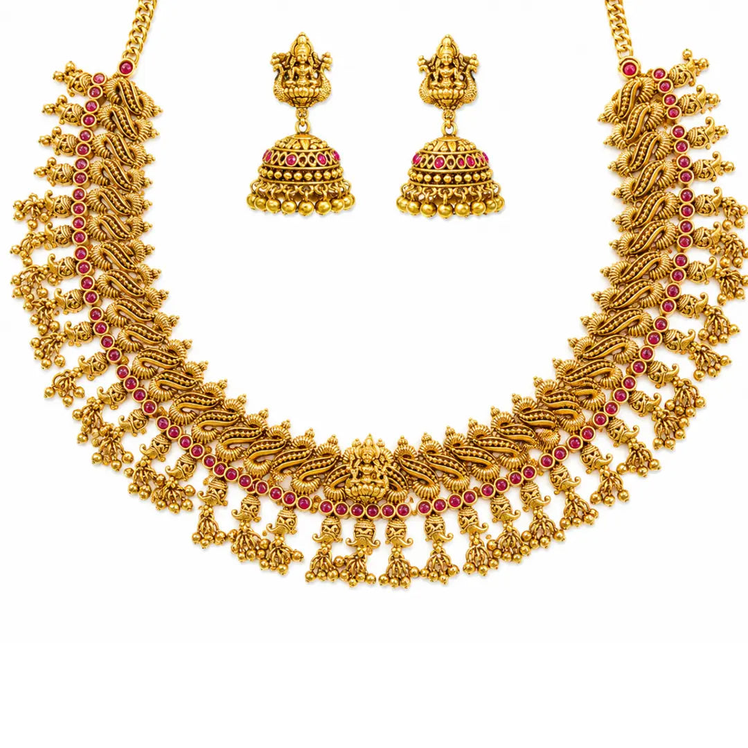 Antique Temple Jewellery Short Necklace Set with Jhumka Earrings
