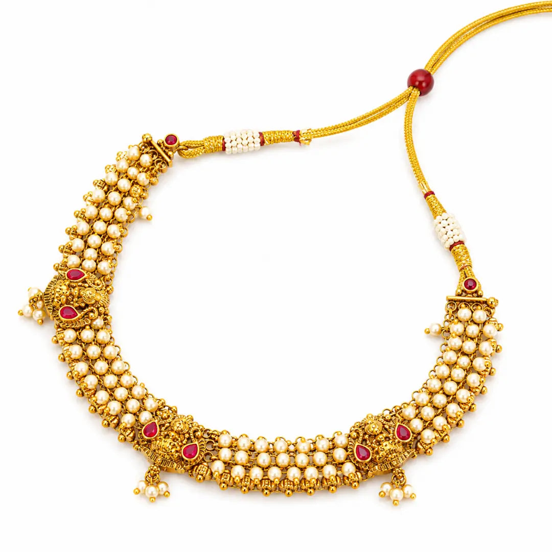 Antique Lakshmi Temple Jewellery Short Necklace Set with Pearl Drops