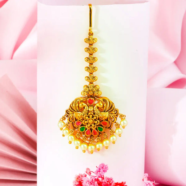 Antique Temple Jewellery Maang Tikka with Pearl Drops