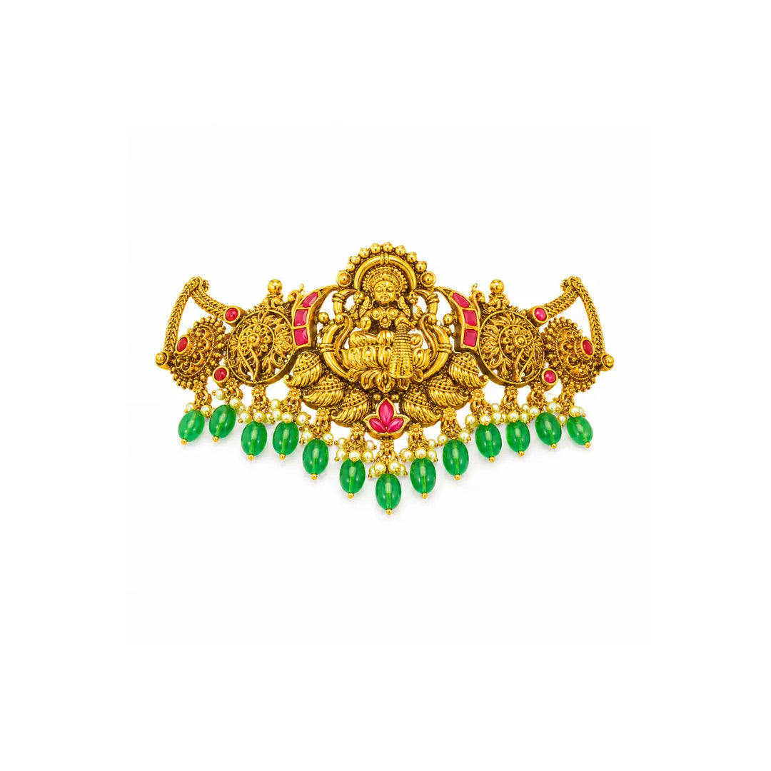 Traditional Lakshmi Temple Jewellery Bridal Choker Set with Green Beads