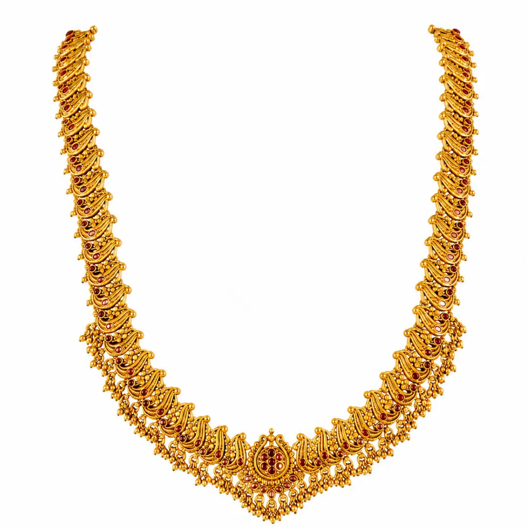 Antique Manga Swarna Mala Long Necklace Set | Gold-Plated Temple Jewellery  K-1884