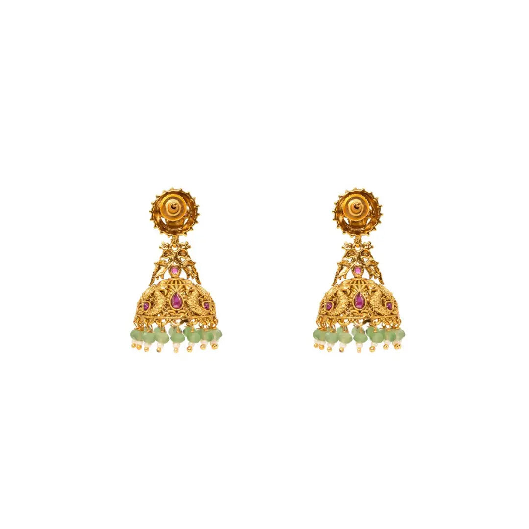 Temple Jhumka Earrings with Laxmi Motif & Green Beads V-562