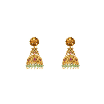 Temple Jhumka Earrings with Laxmi Motif & Green Beads V-562