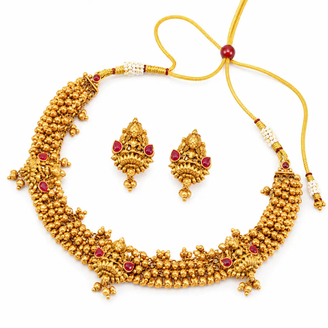 Lakshmi Temple Jewellery Short Necklace Set with Matching Jhumka Earrings