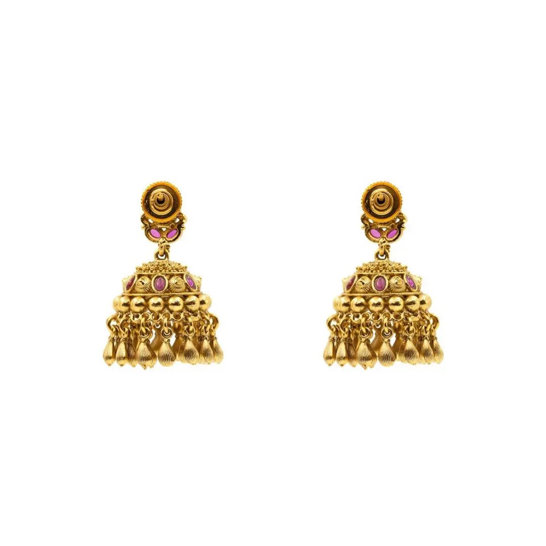 Trendy Minimalist Temple Jhumkas – Antique Gold Ruby Drop Design T-72