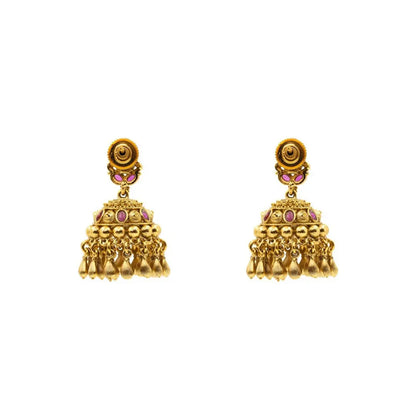 Trendy Minimalist Temple Jhumkas – Antique Gold Ruby Drop Design T-72